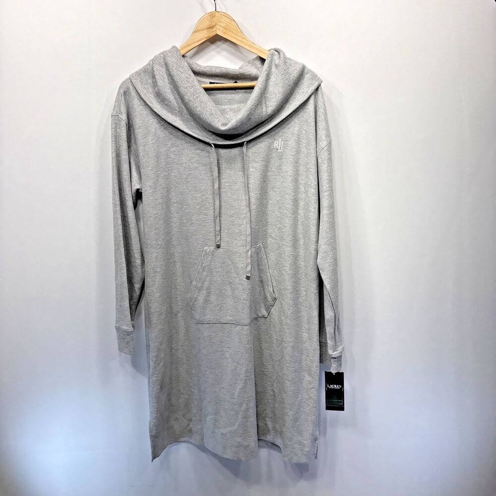Lauren Ralph Lauren Cowl Neck Sweatshirt Dress XL Gray Cotton Blend Pocket NWT
